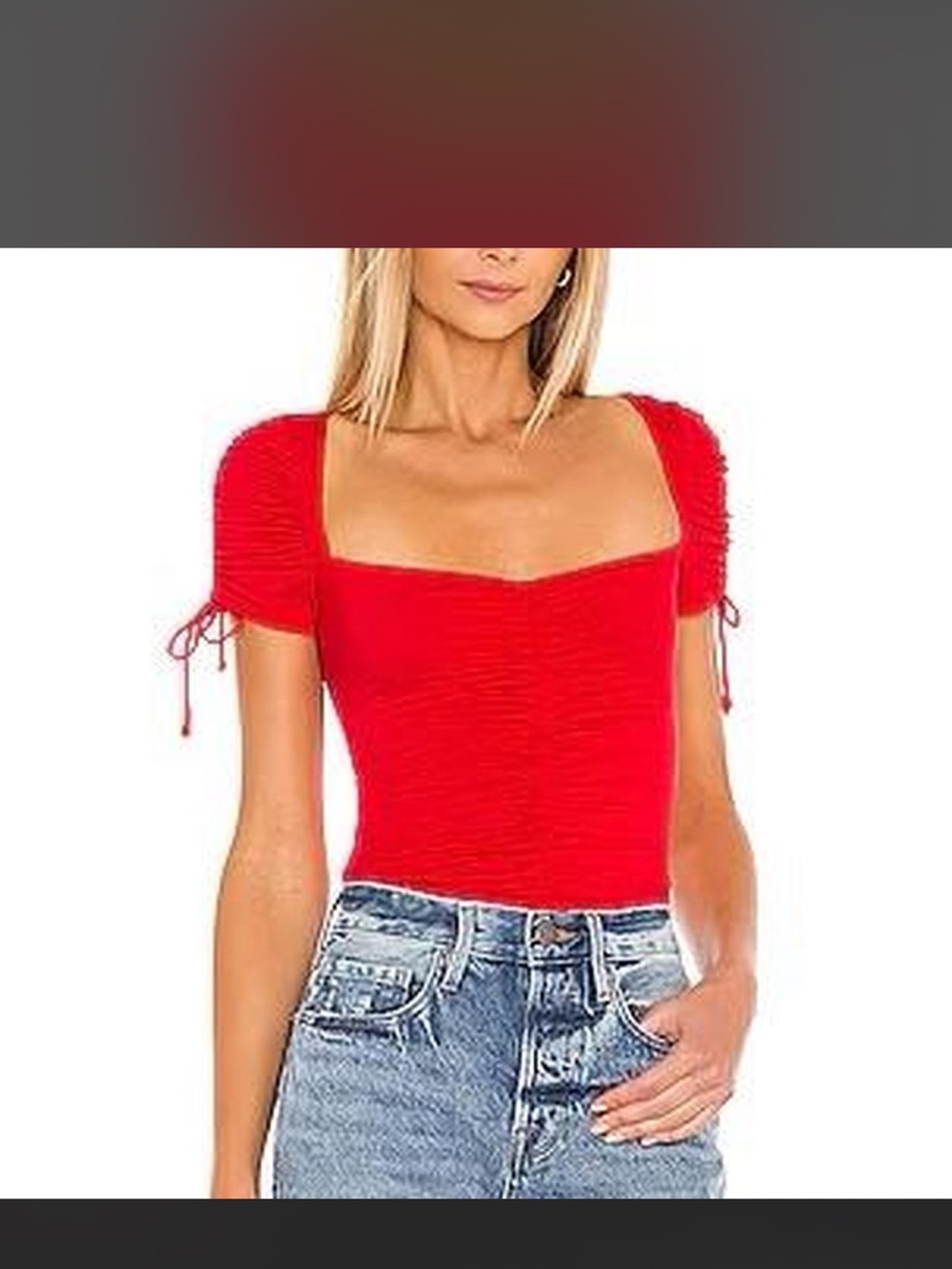 Red Square-Neck Ruched Short Sleeve Top